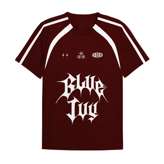 Beyoncé BIC red jersey back with white logo graphics and athletic stripe design