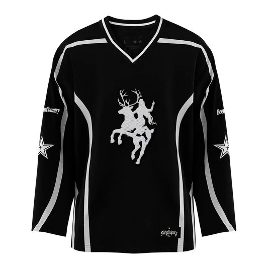 Beyoncé Cowboy Carter black hockey jersey close front view with white riding figure and contrast piping