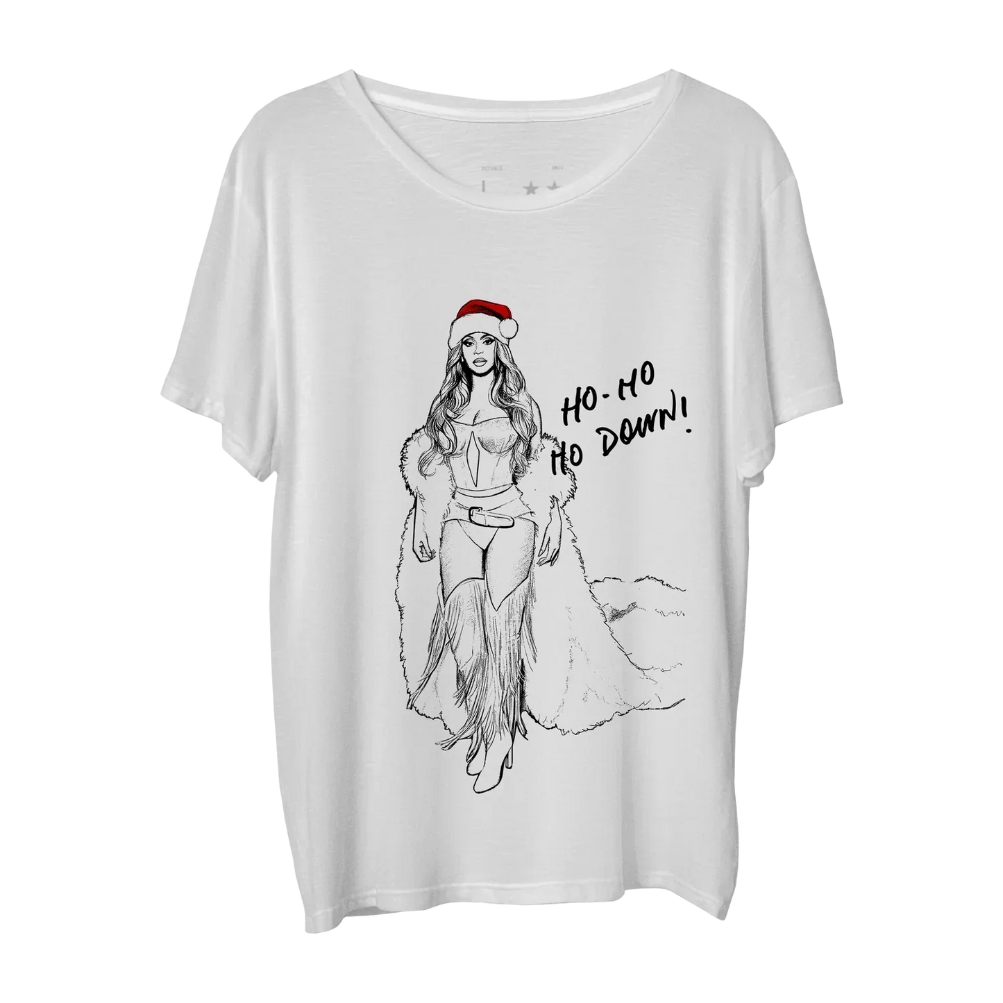 Beyoncé Hodown white tee front with holiday cowboy illustration and Ho Ho Ho Down text
