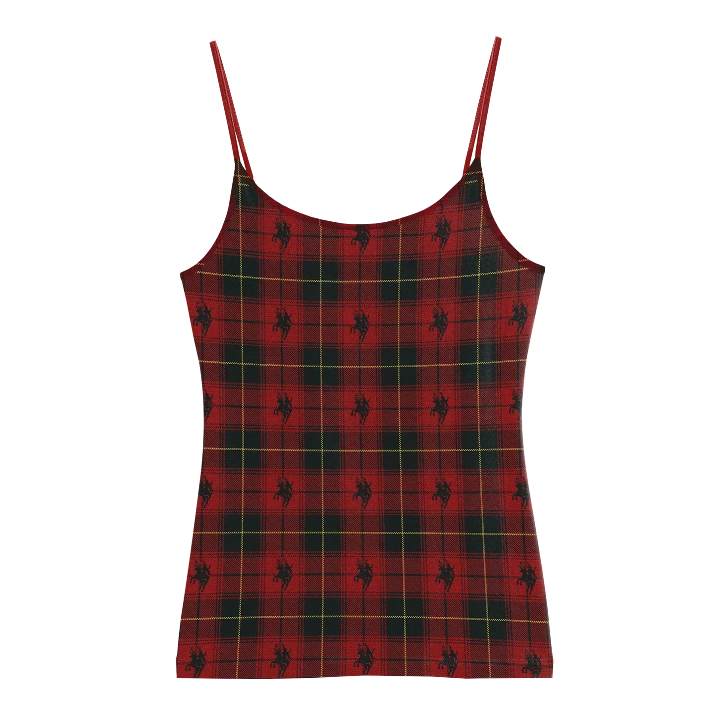 Red tartan Beyoncé merch tank front view with plaid pattern and repeating black horse rider motif