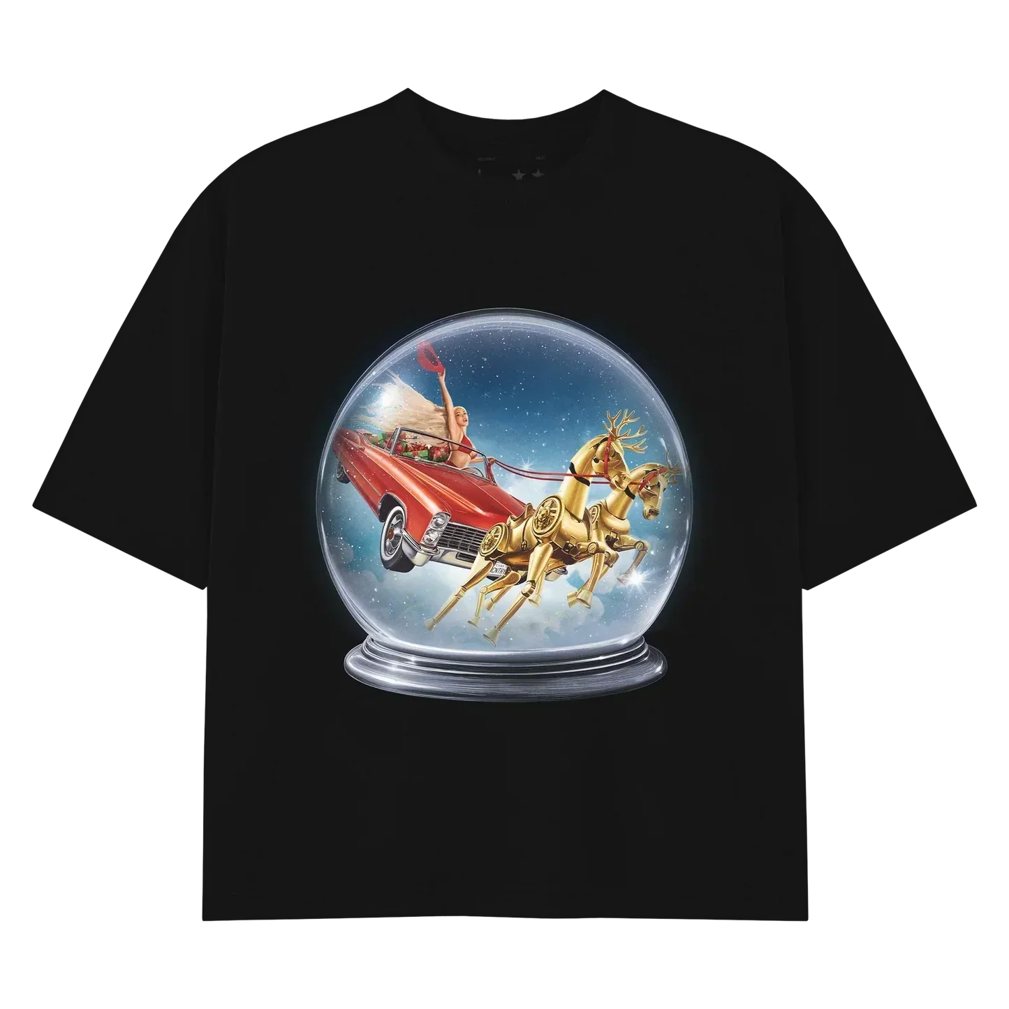 SLEIGHYONCÉ black Christmas tee with festive Beyoncé snow globe artwork and holiday-inspired western fantasy design