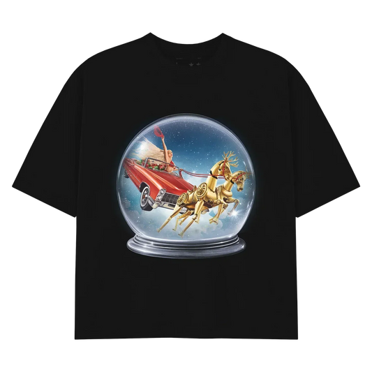 SLEIGHYONCÉ black Christmas tee with festive Beyoncé snow globe artwork and holiday-inspired western fantasy design