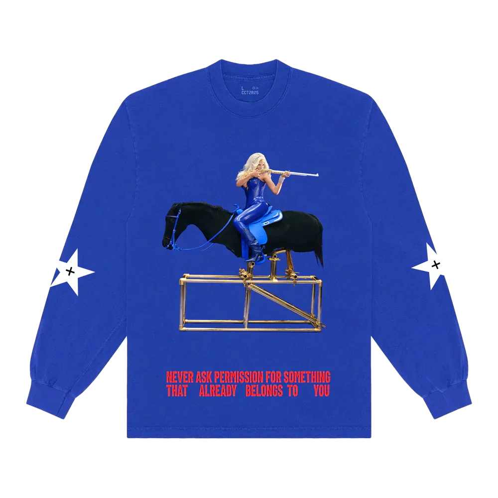 Beyoncé American Requiem long sleeve front in royal blue featuring horseback graphic artwork and bold Cowboy Carter western aesthetic