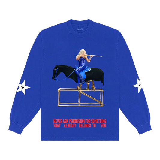 Beyoncé American Requiem long sleeve front in royal blue featuring horseback graphic artwork and bold Cowboy Carter western aesthetic
