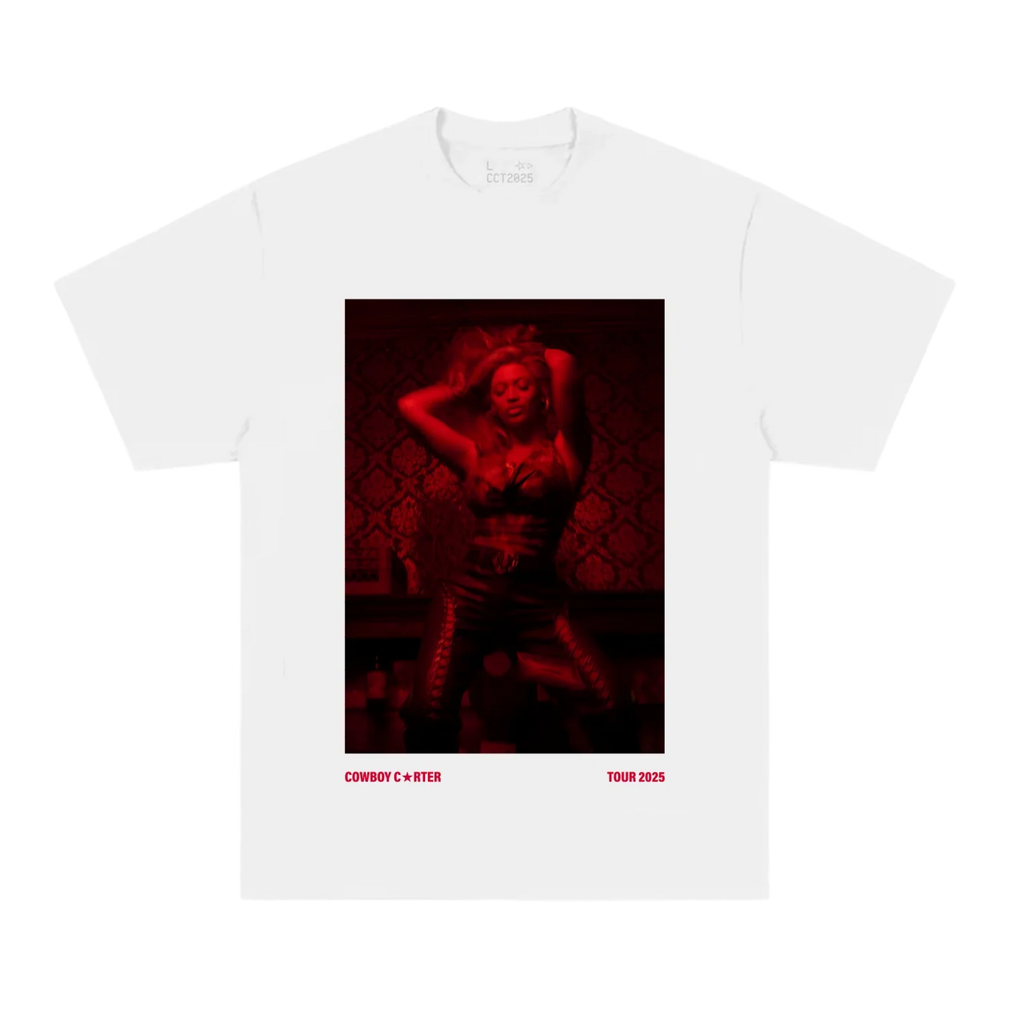 Beyoncé ATL web exclusive tee front in white featuring red monochrome Cowboy Carter tour portrait graphic with bold Atlanta inspired aesthetic