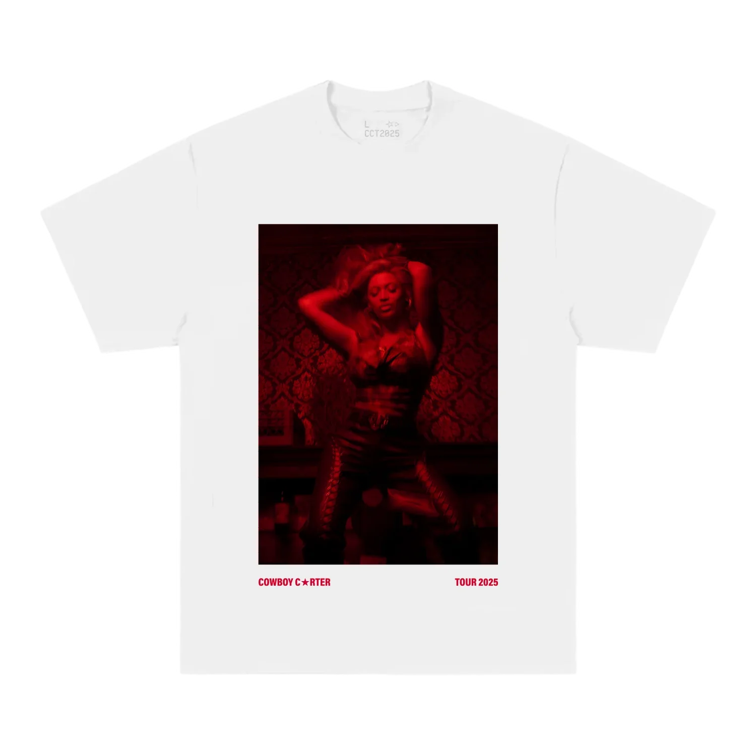 Beyoncé ATL web exclusive tee front in white featuring red monochrome Cowboy Carter tour portrait graphic with bold Atlanta inspired aesthetic