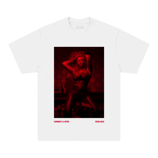 Beyoncé ATL web exclusive tee front in white featuring red monochrome Cowboy Carter tour portrait graphic with bold Atlanta inspired aesthetic