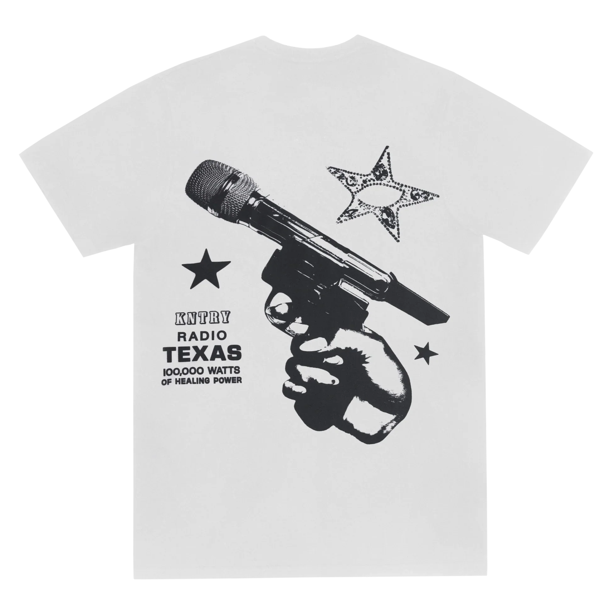 White Act II short sleeve tee with microphone pistol graphic, stars, and KNTRY radio text on front