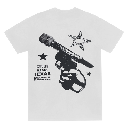 White Act II short sleeve tee with microphone pistol graphic, stars, and KNTRY radio text on front