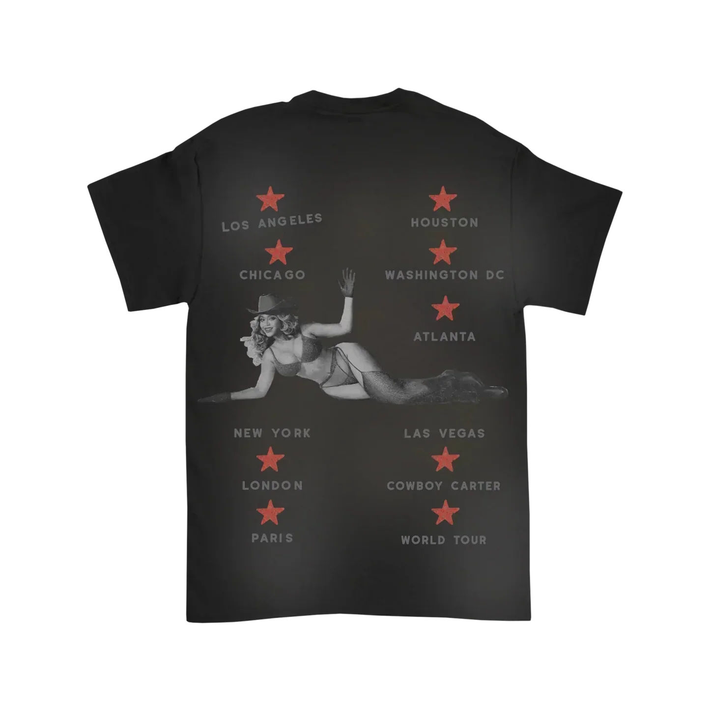 Beyoncé Amen Tour black tee back with city list, red stars, and Cowboy Carter tour graphic