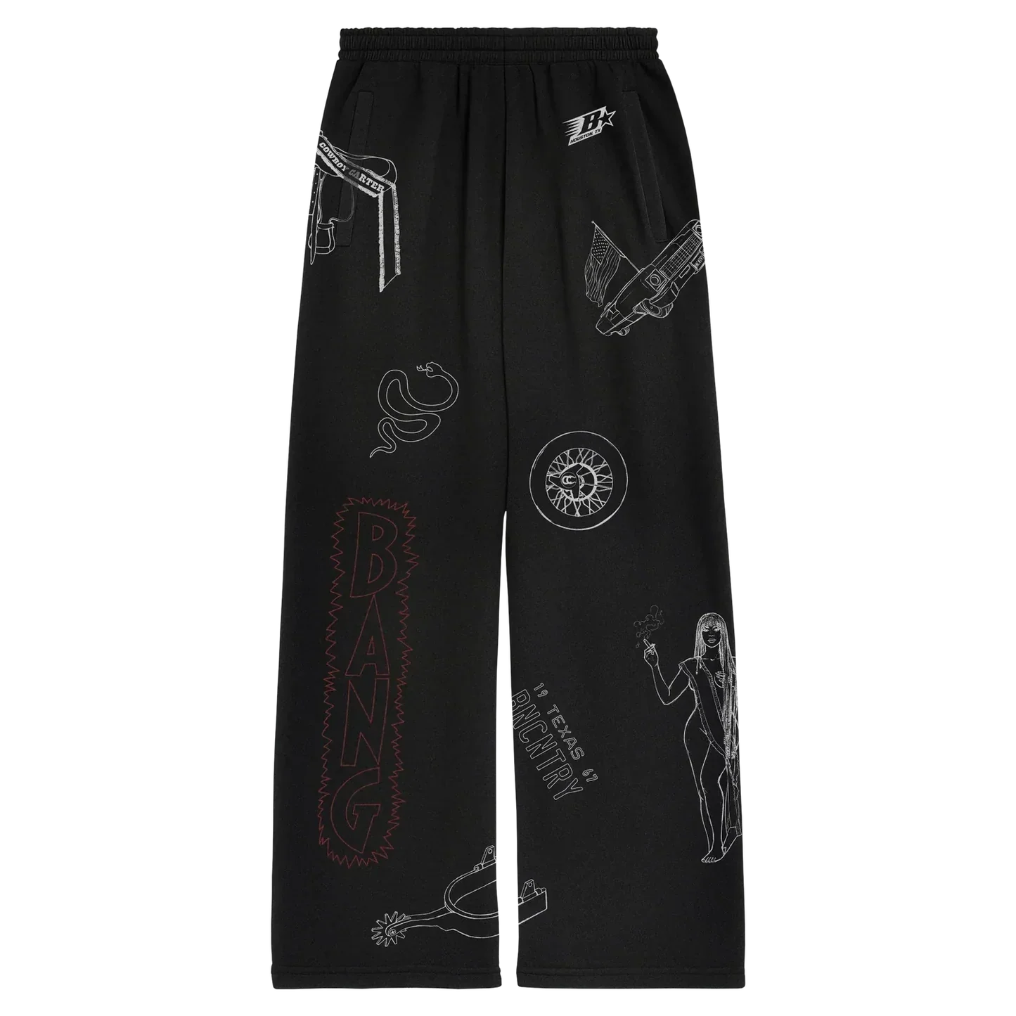Been Country black sweats with mixed rodeo graphics, Beyoncé merch front view