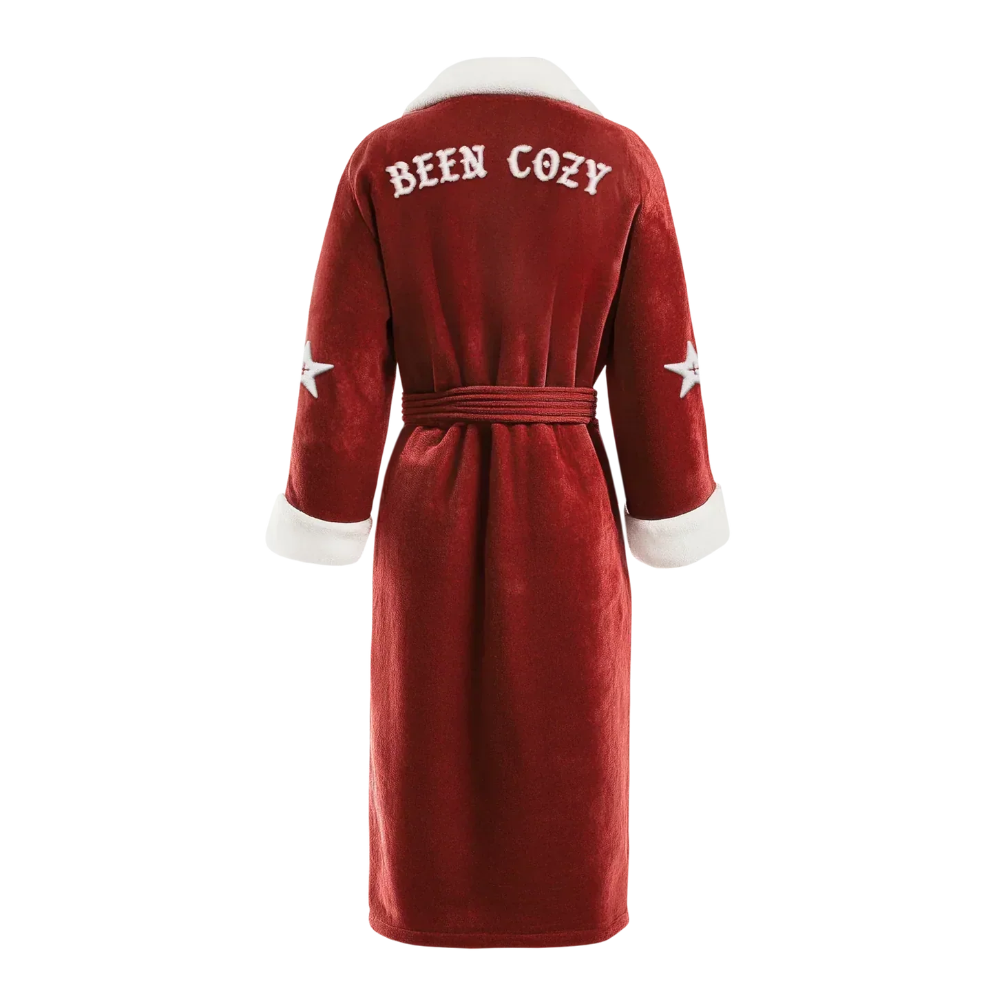 Been Cozy red robe with white back logo and white trim, Beyoncé merch back view