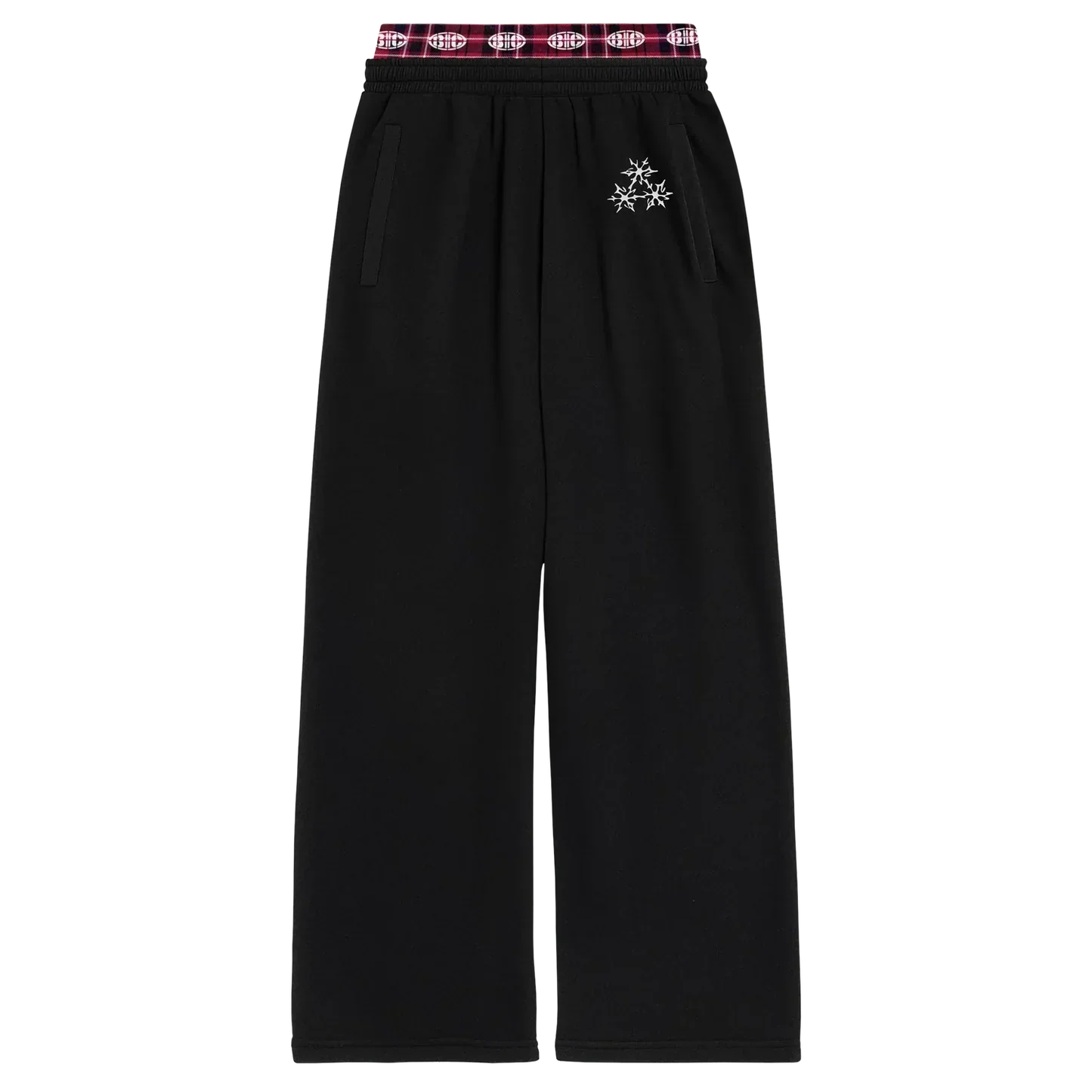 BIC black wide leg sweats with white emblem detail and plaid waistband, Beyoncé merch front view