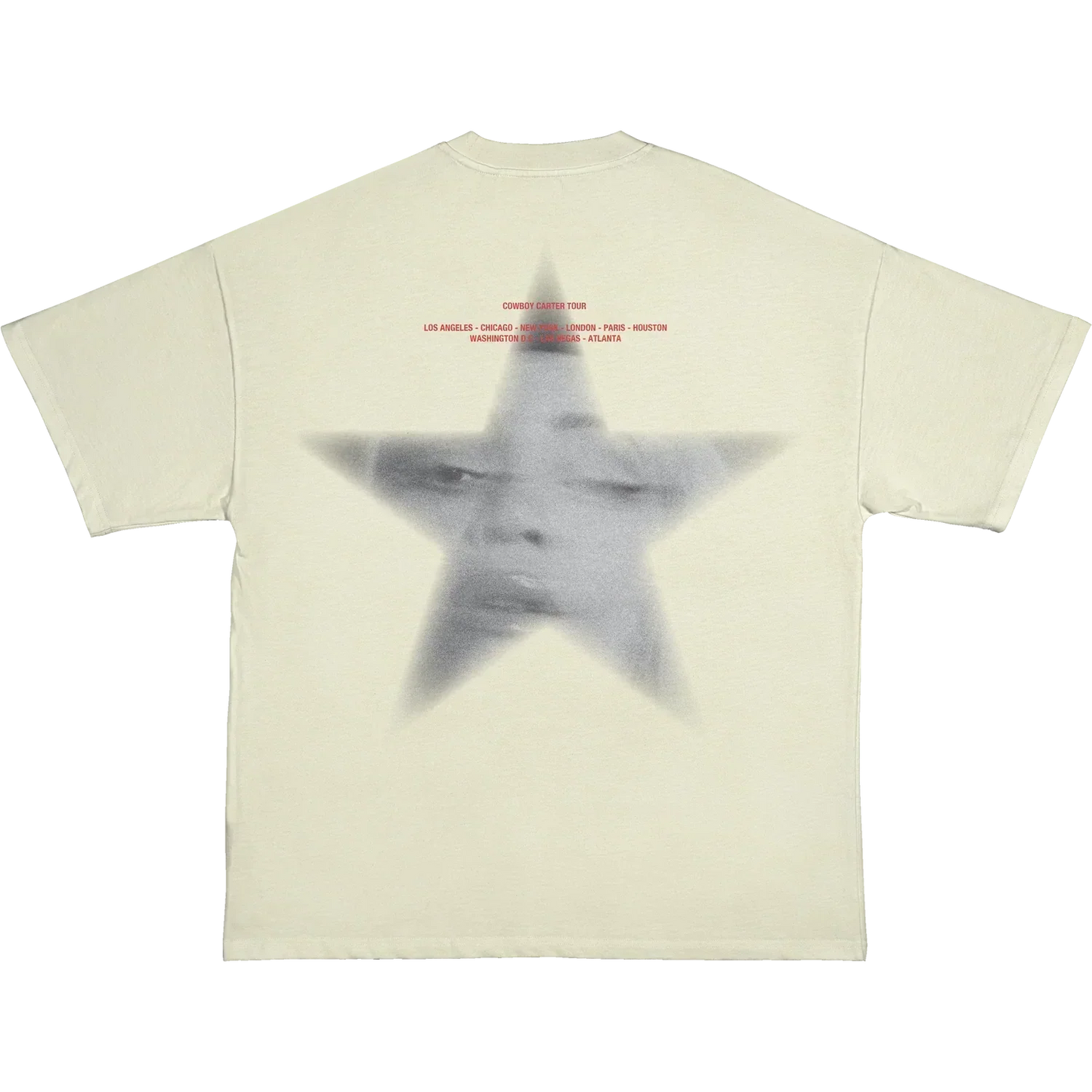 Beyoncé CCT Ghost Star tee front view with black CC horseshoe graphic on cream fabric