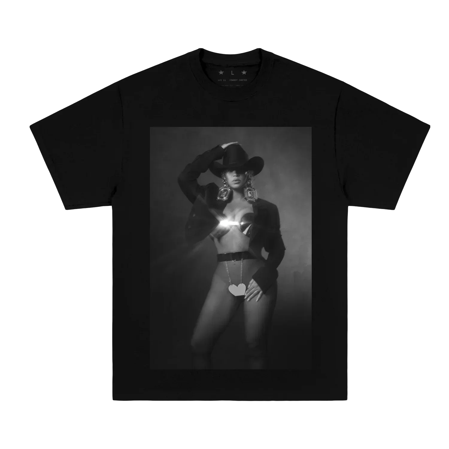 Black Beyoncé merch Cowboy Carter tee front view with monochrome portrait graphic and western styling
