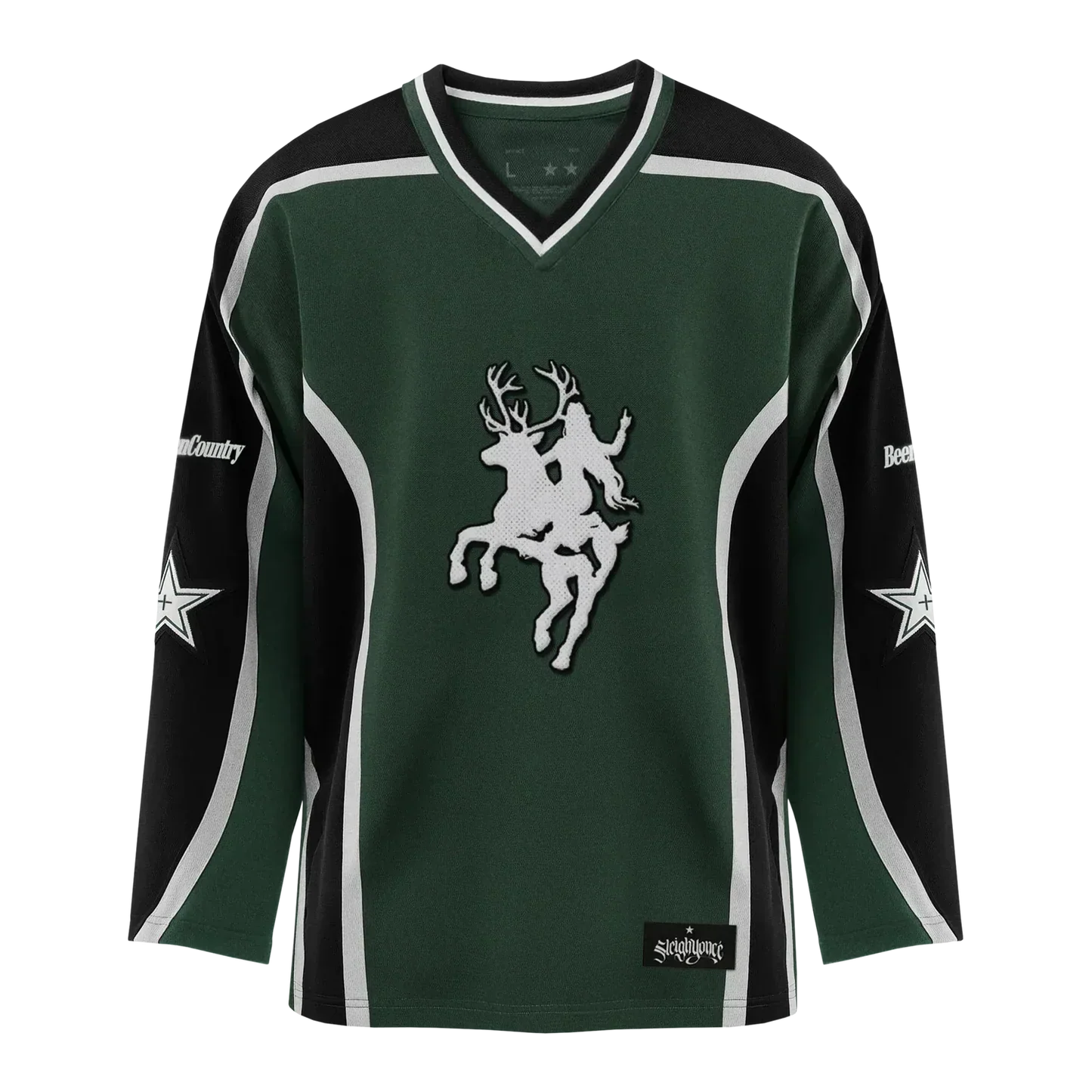 Beyoncé Cowboy Carter green hockey jersey front close view with white horse rider chest graphic