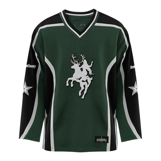 Beyoncé Cowboy Carter green hockey jersey front close view with white horse rider chest graphic