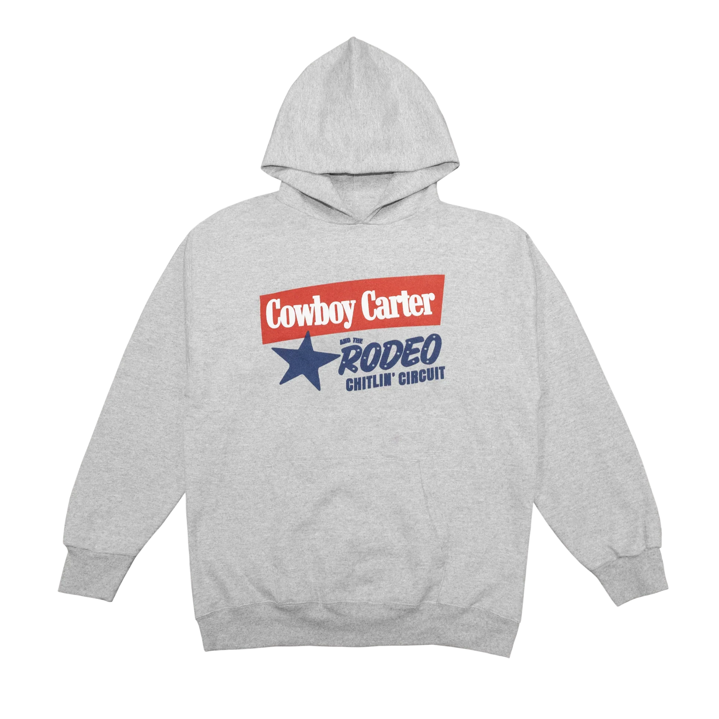 Beyoncé Cowboy Carter grey hoodie front with Rodeo Chitlin Circuit logo and star graphic