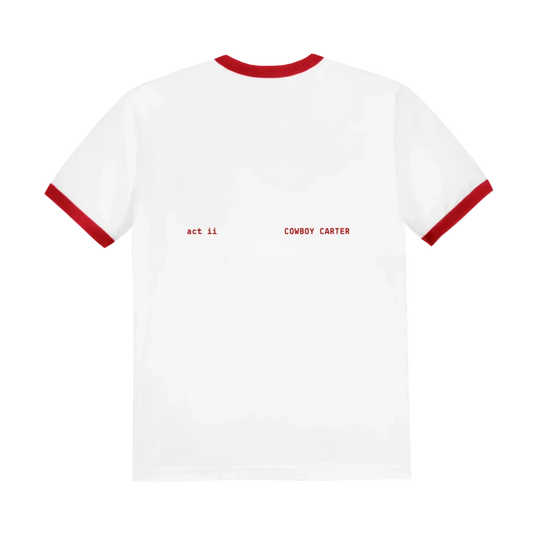 Beyoncé Cowboy Carter red ringer tee back with act ii text and minimal red lettering