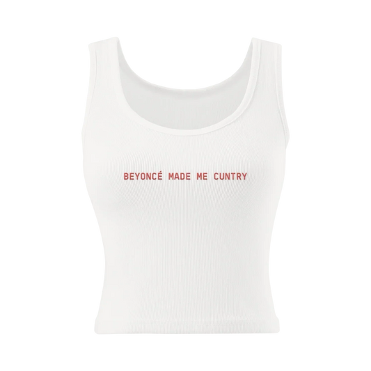 Beyoncé Cuntry white ribbed tank top front view with Made Me Cuntry chest lettering