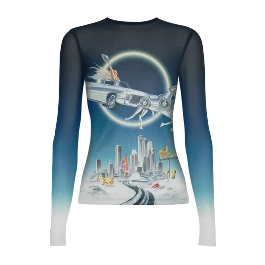 Beyoncé Silver Sleigh mesh long sleeve front alt view with blue ombre sleeves and winter skyline graphic