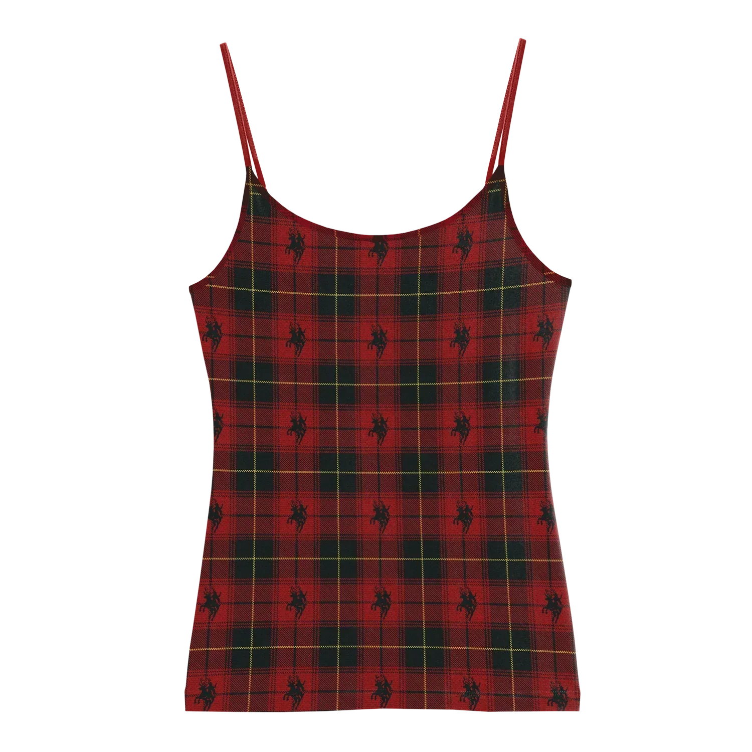 Red tartan Beyoncé merch tank front view with plaid pattern and repeating black horse rider motif