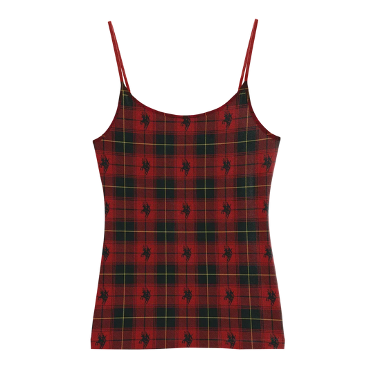 Red tartan Beyoncé merch tank front view with plaid pattern and repeating black horse rider motif