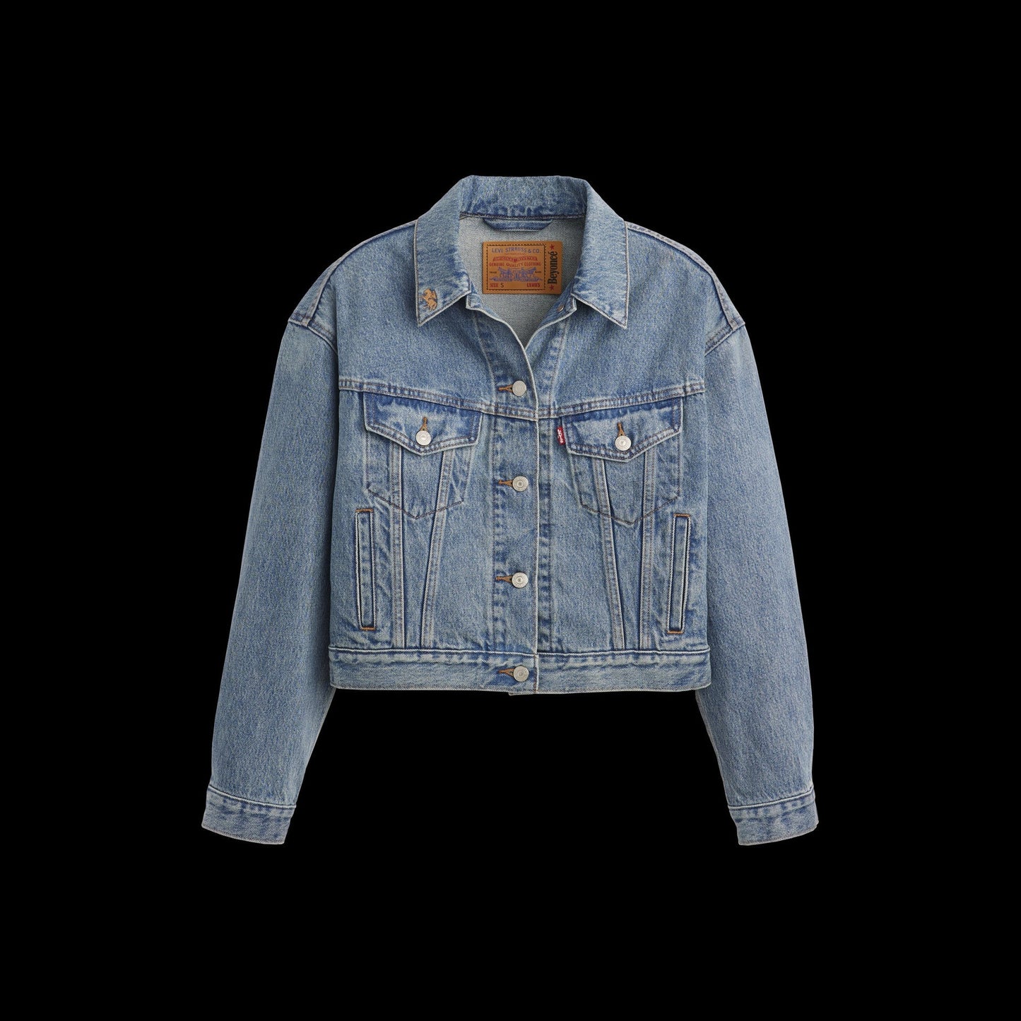 Beyoncé x Levi’s 90s shrunken trucker jacket front in authentic light wash denim with cropped vintage western-inspired fit